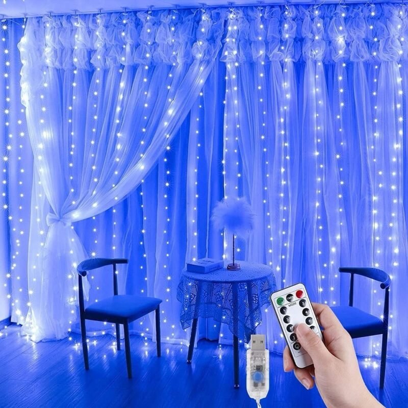 Girlianda-užuolaida su pulteliu ir kabliukais, 3×3 m, mėlyna