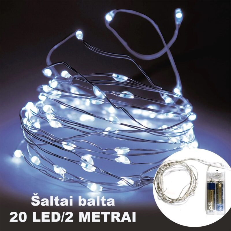20 LED Vielinė Girlianda, šaltai balta