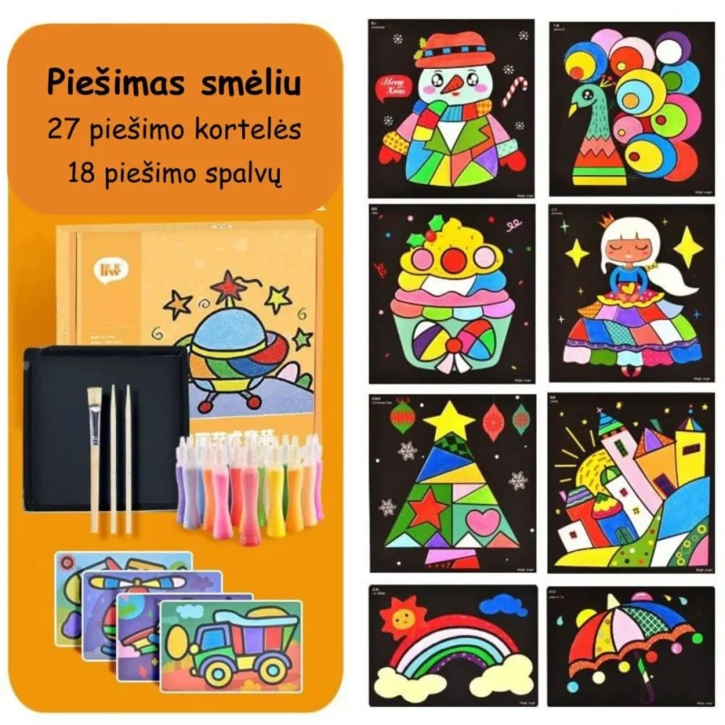 Piešimas smėliu 18 spalvų + 27 piešimo kortelės