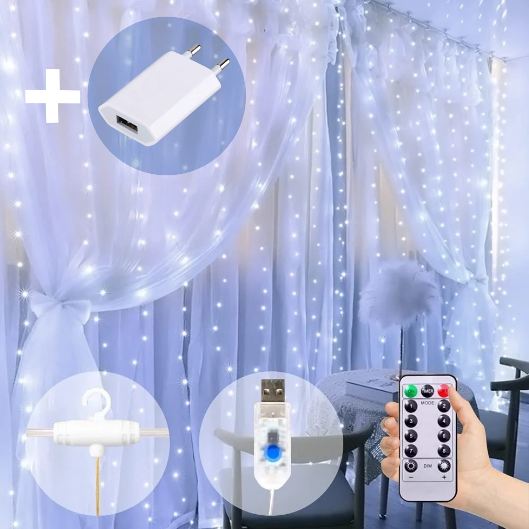 Girlianda-užuolaida su pulteliu ir kabliukais, 3x2 m, šaltai balta su USB – A adapteriu