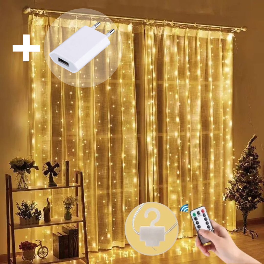 Girlianda-užuolaida su pulteliu ir kabliukais, 3x2 m, šiltai balta su USB – A adapteriu