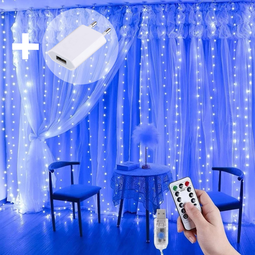 Girlianda-užuolaida su pulteliu ir kabliukais, 3×3 m, mėlyna su USB – A adapteriu