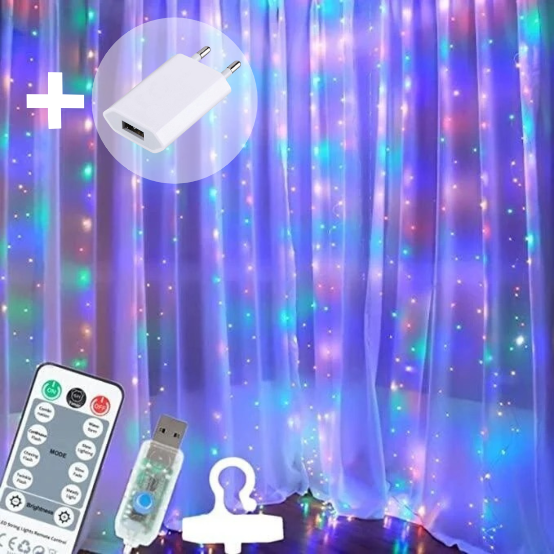 Girlianda-užuolaida su pulteliu ir kabliukais, 3×3 m, spalvota su USB – A adapteriu