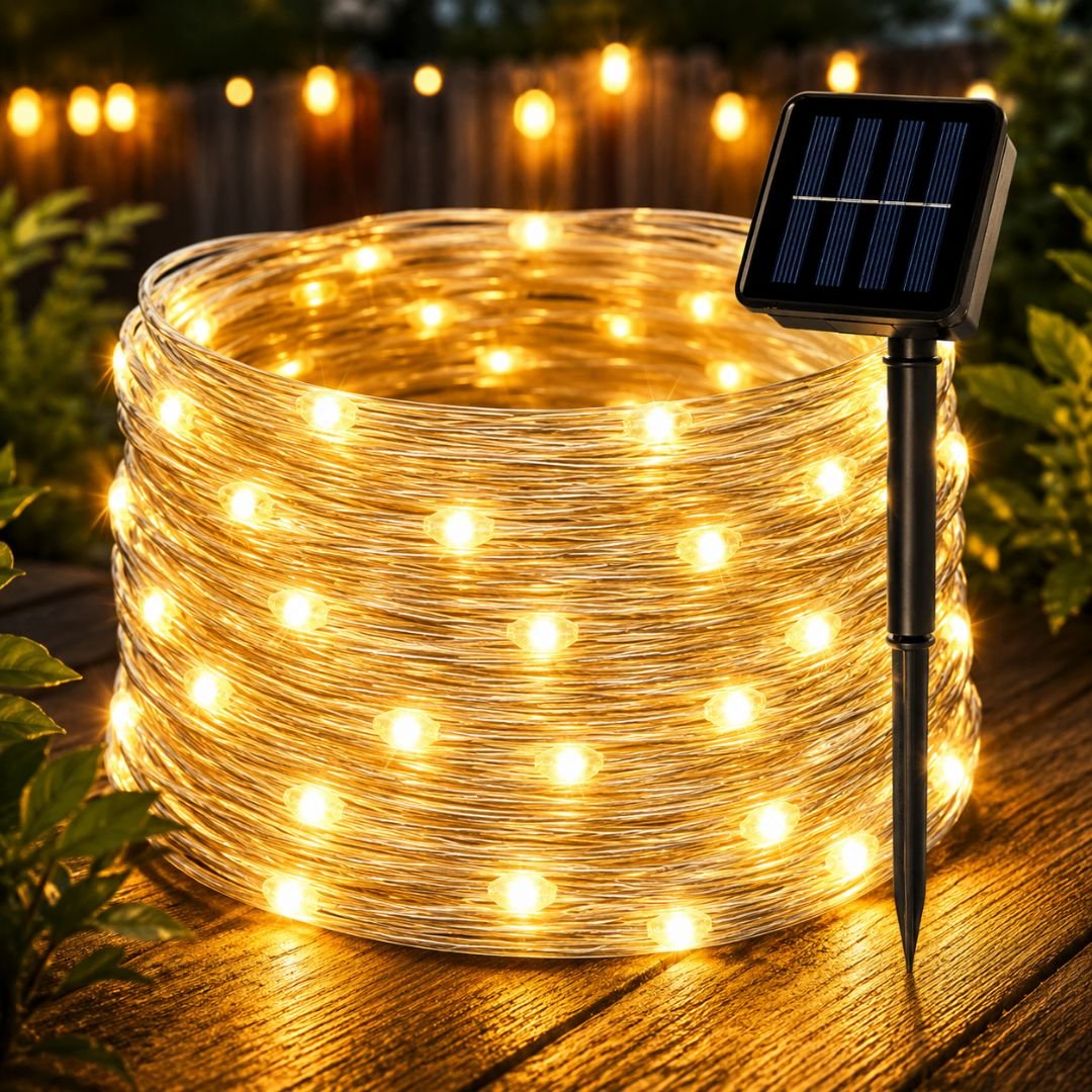 Saulės LED girlianda 15 m – 150 LED, šiltai balta šviesa