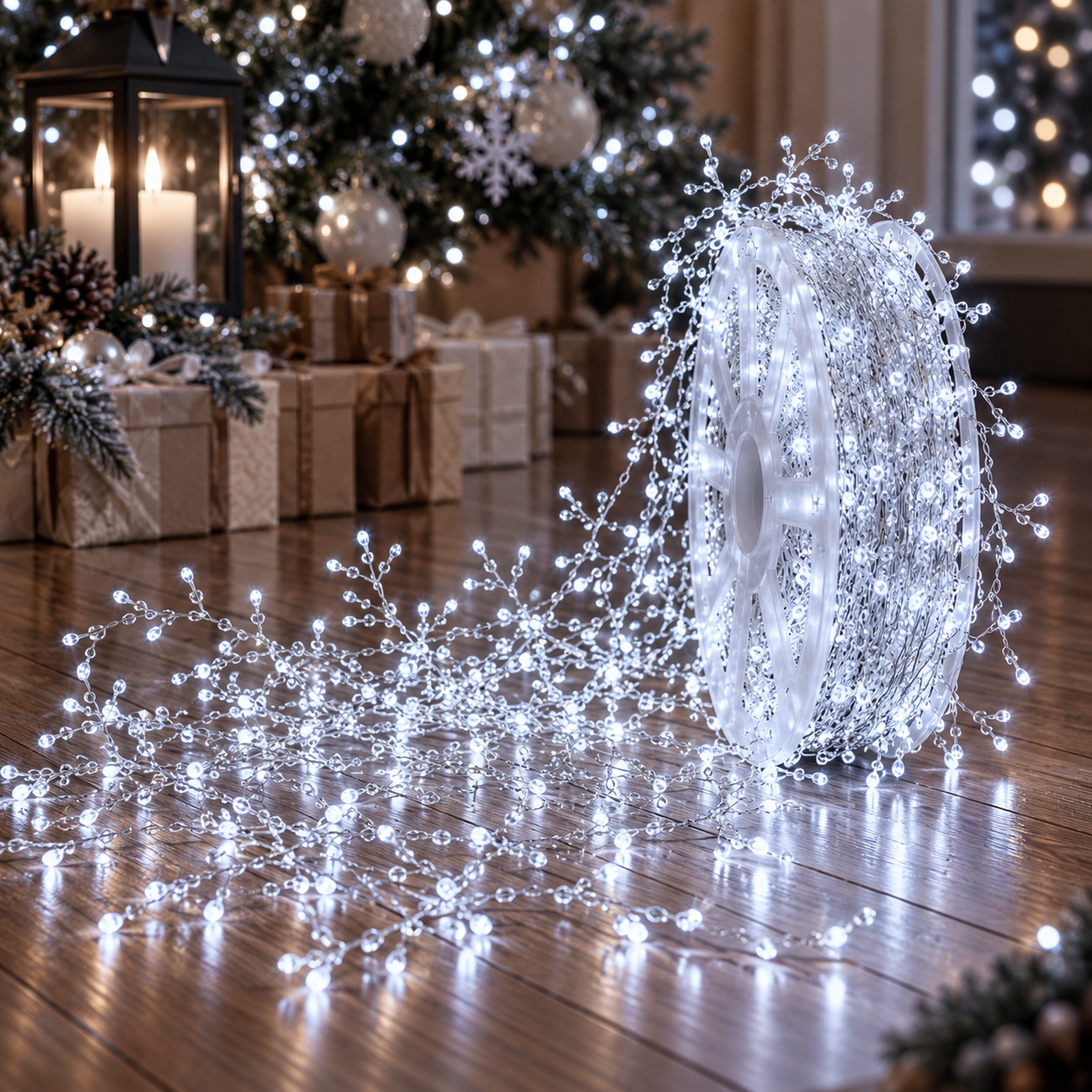 2000 LED Vielinė girlianda „Pasaka“ ant ritės su pulteliu, 50 m, šaltai balta