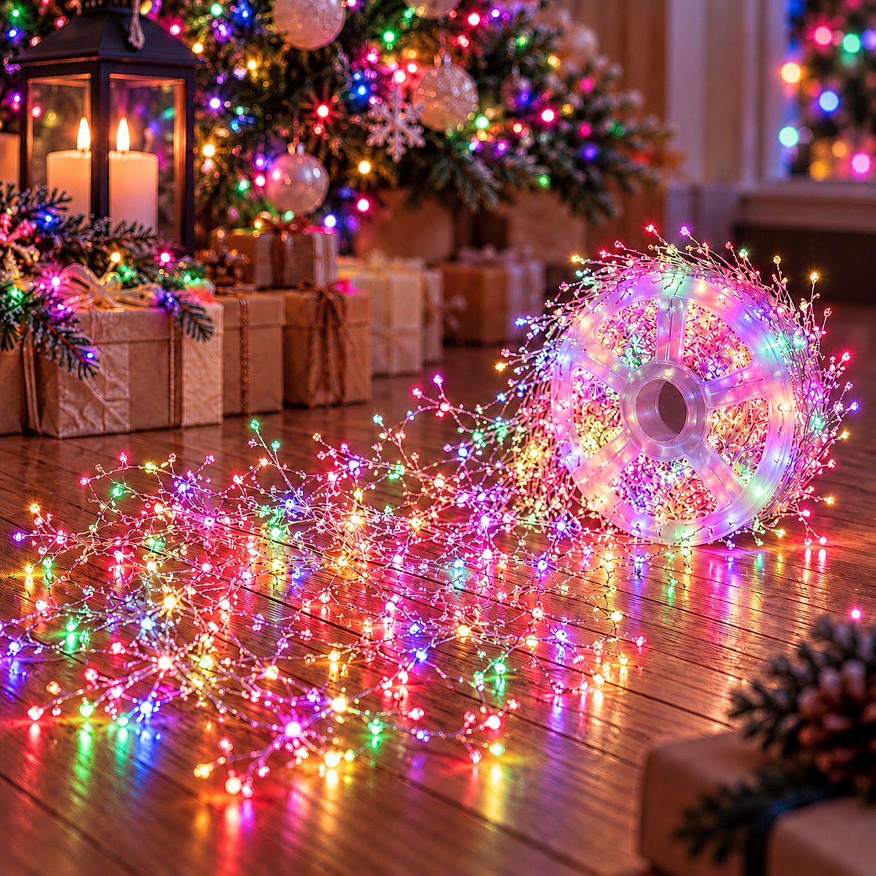 500 LED Vielinė girlianda „Pasaka“ ant ritės su pulteliu, 20 m, įvairiaspalvė