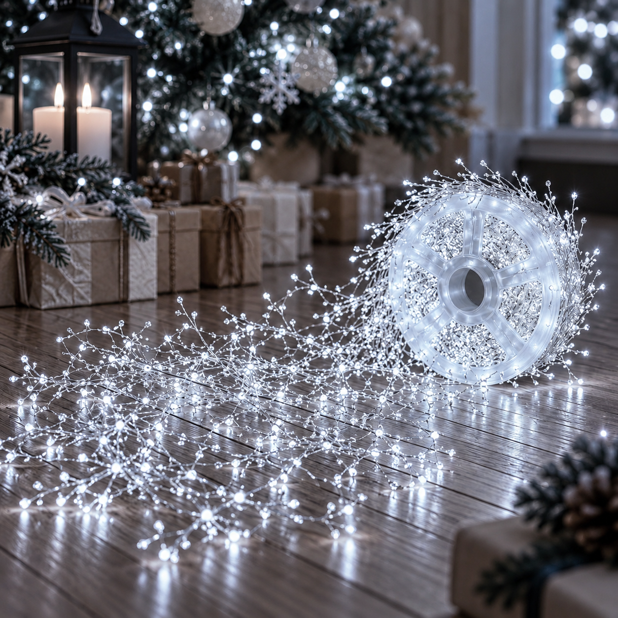 500 LED Vielinė girlianda „Pasaka“ ant ritės su pulteliu, 12,5 m, šaltai balta