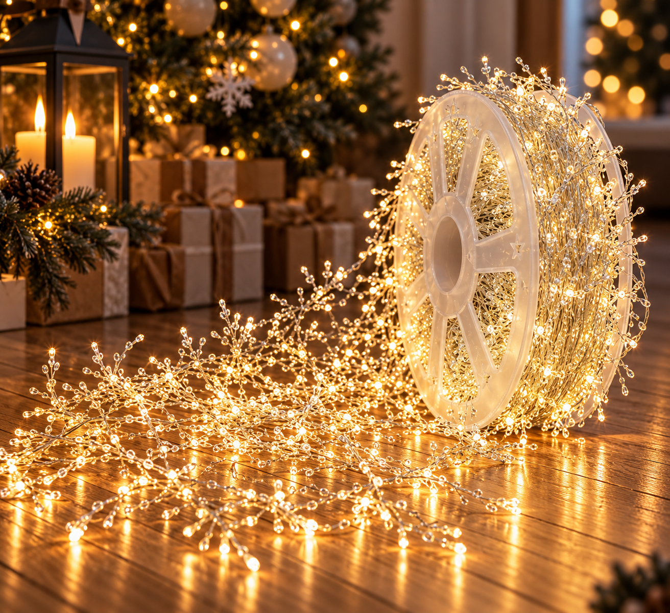 2000 LED Vielinė girlianda „Pasaka“ ant ritės su pulteliu, 50 m, šiltai balta