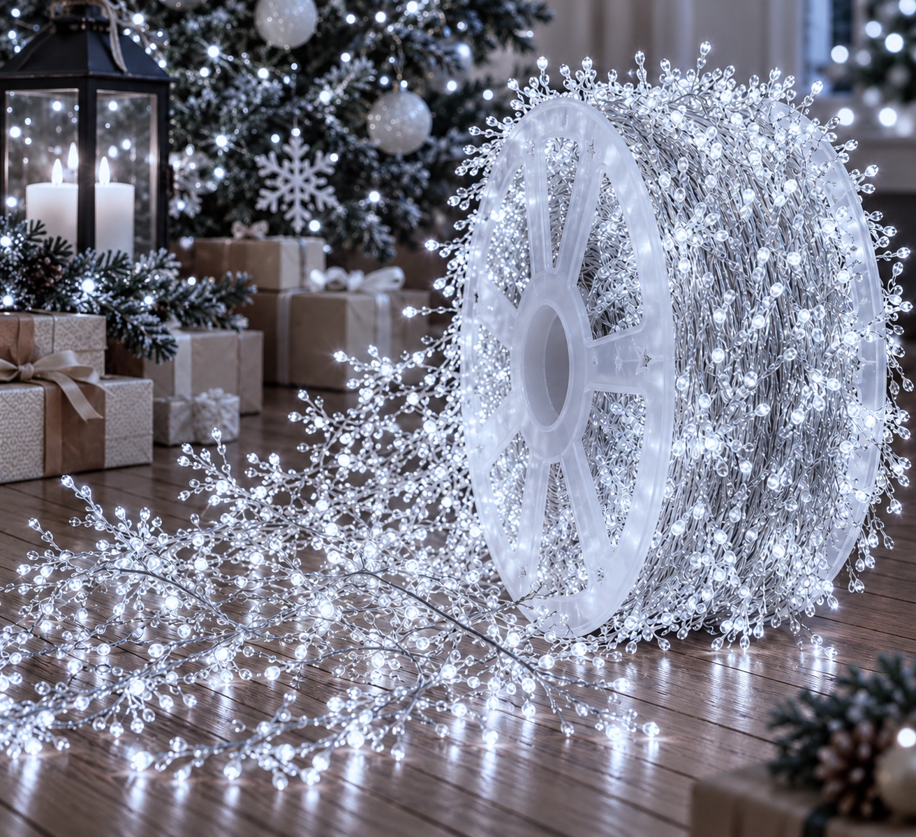 3600 LED Vielinė girlianda „Pasaka“ ant ritės su pulteliu, 100 m, šaltai balta