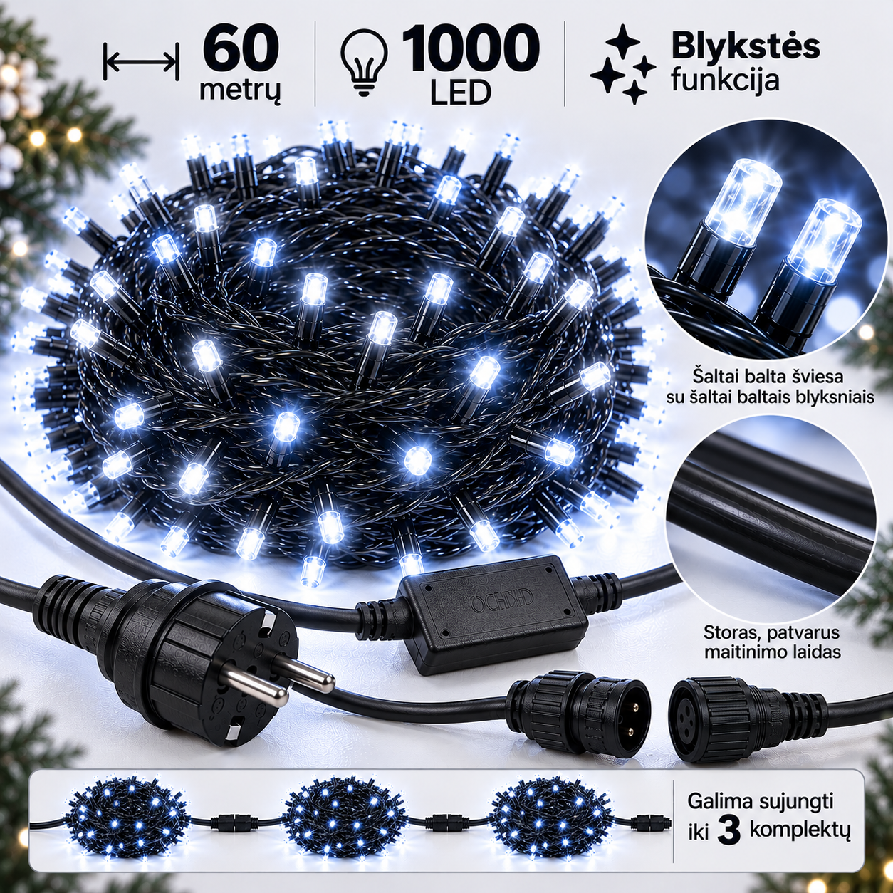 1000 LED lauko girlianda su blykstės funkcija, šaltai balta, 60 m - Image 7